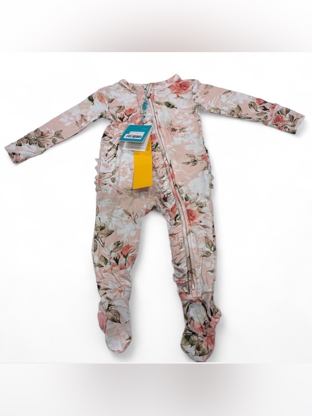 Posh Peanut NWT Floral Pink Baby One-Piece Zipper Footed Romper Ruffled Back